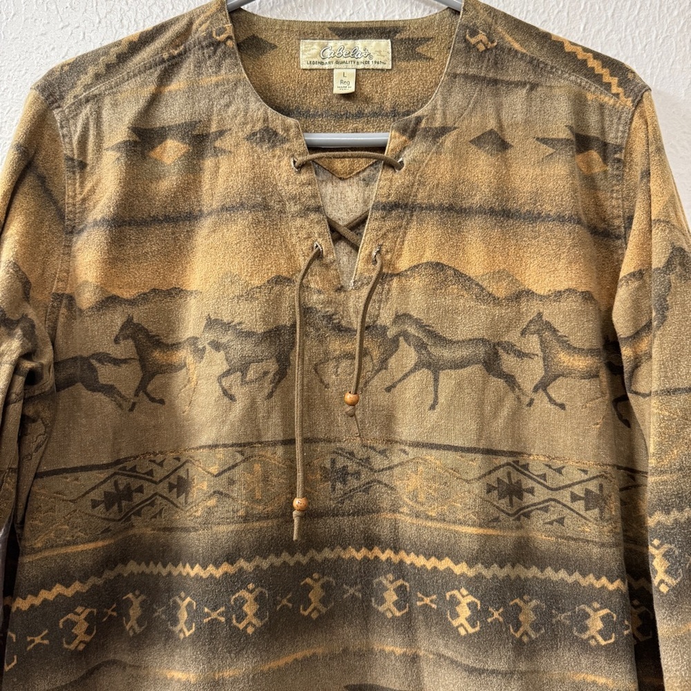 Vintage Cabela's Brown and Tan Southwestern Horse-Print Long Sleeve Cotton Shirt - Picture 3 of 10